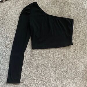 SHEIN Classic Black One Shoulder Asymmetrical Long Sleeve Cropped Shirt